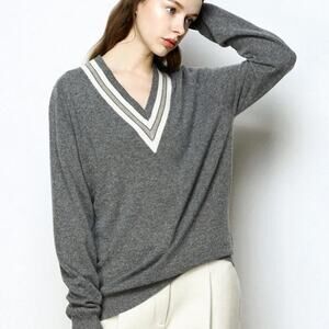 CAARA Gray and White V Neck Legacy Academia Sweater - M